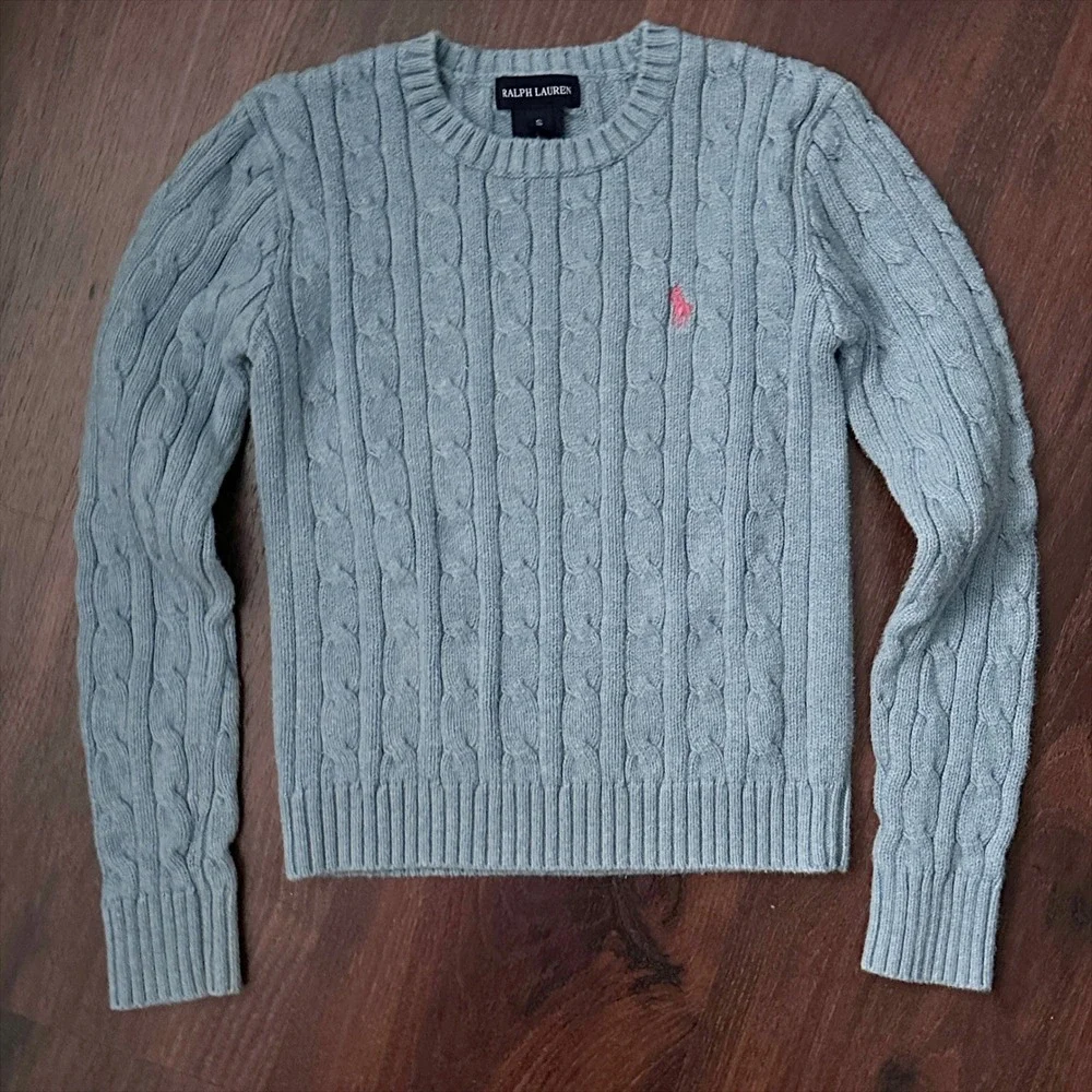 Vintage Ralph Lauren Cotton Long Sleeve Cable Knit Blue Sweater Kids Size Small